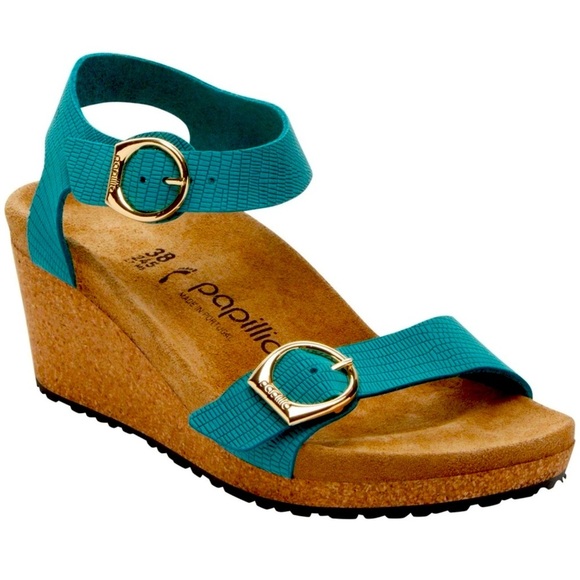 Birkenstock Papillio Wedge Soley Embossed Leather Sandal Biscay Bay 39/ 8 - Picture 1 of 9